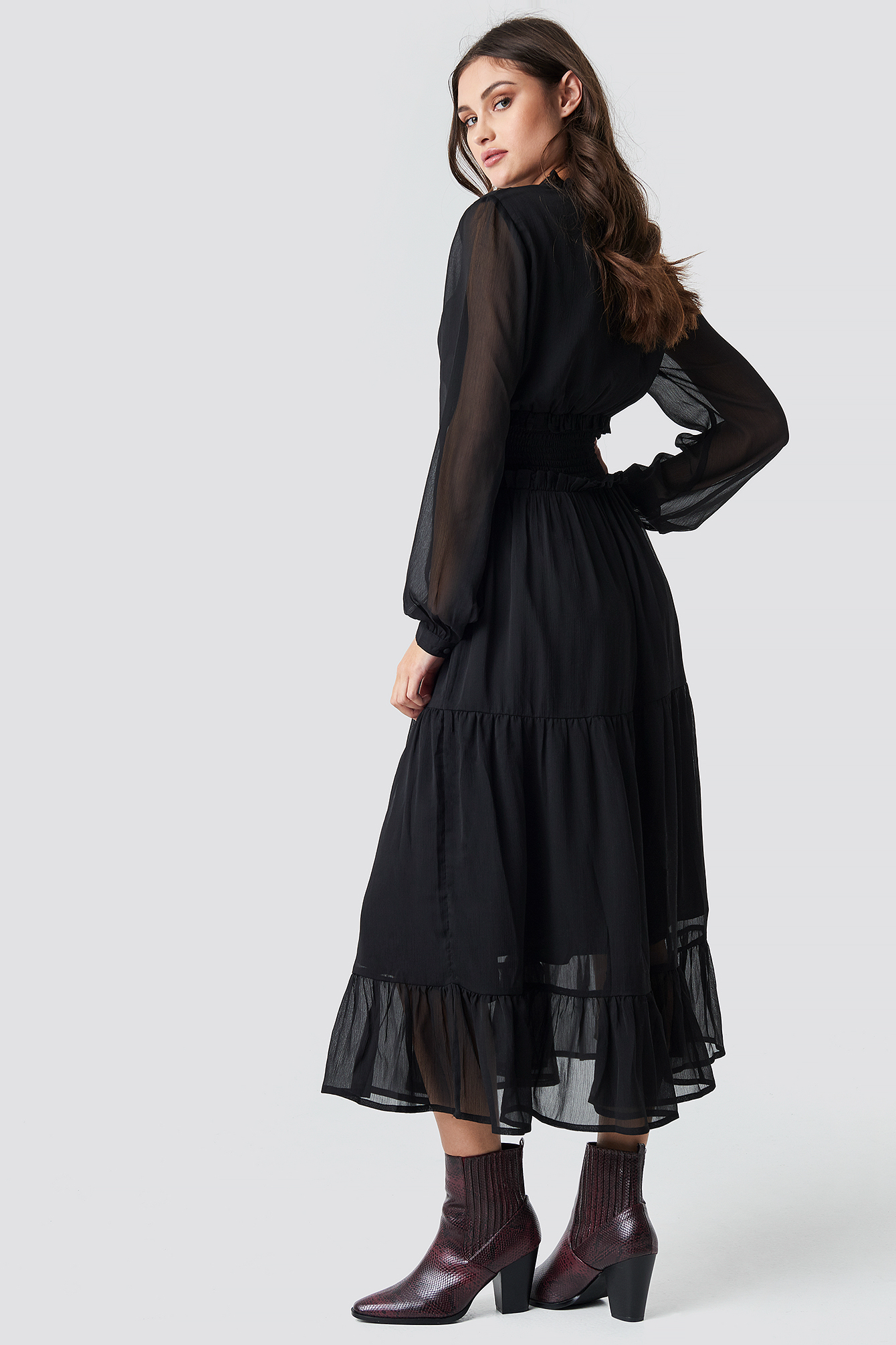 Ruffle Details Flowy Midi Dress Black ...